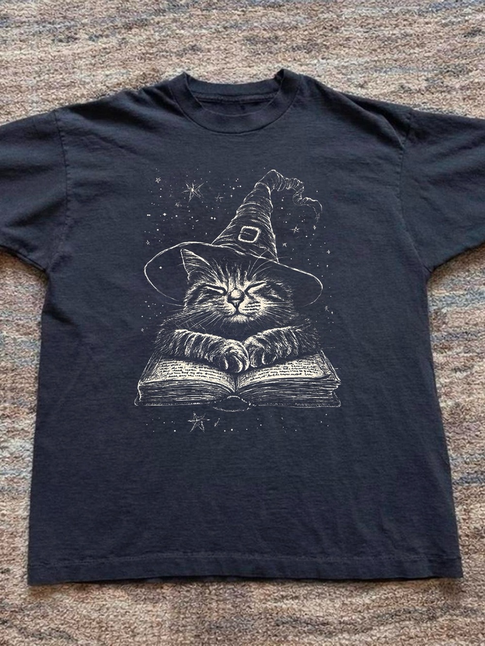 Halloween Spooky Witch Cat Sleeping Spell Book Black T-Shirt